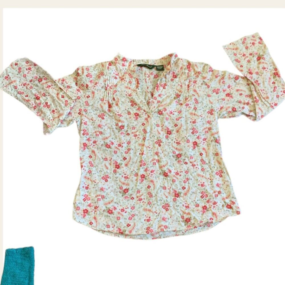 Eddie Bauer Cream Floral Paisley Long Sleeve Top Size Small